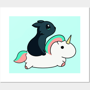 Black kitty on a unicorn Posters and Art